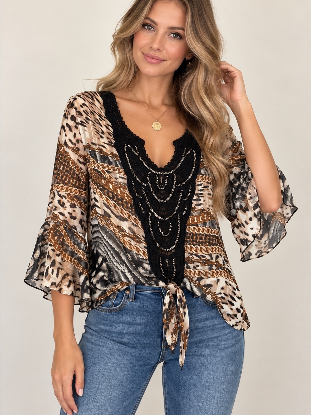 Boho Tie-Front V-Neck Blouse Beaded Crochet Panel Animal Print Western Sheer L